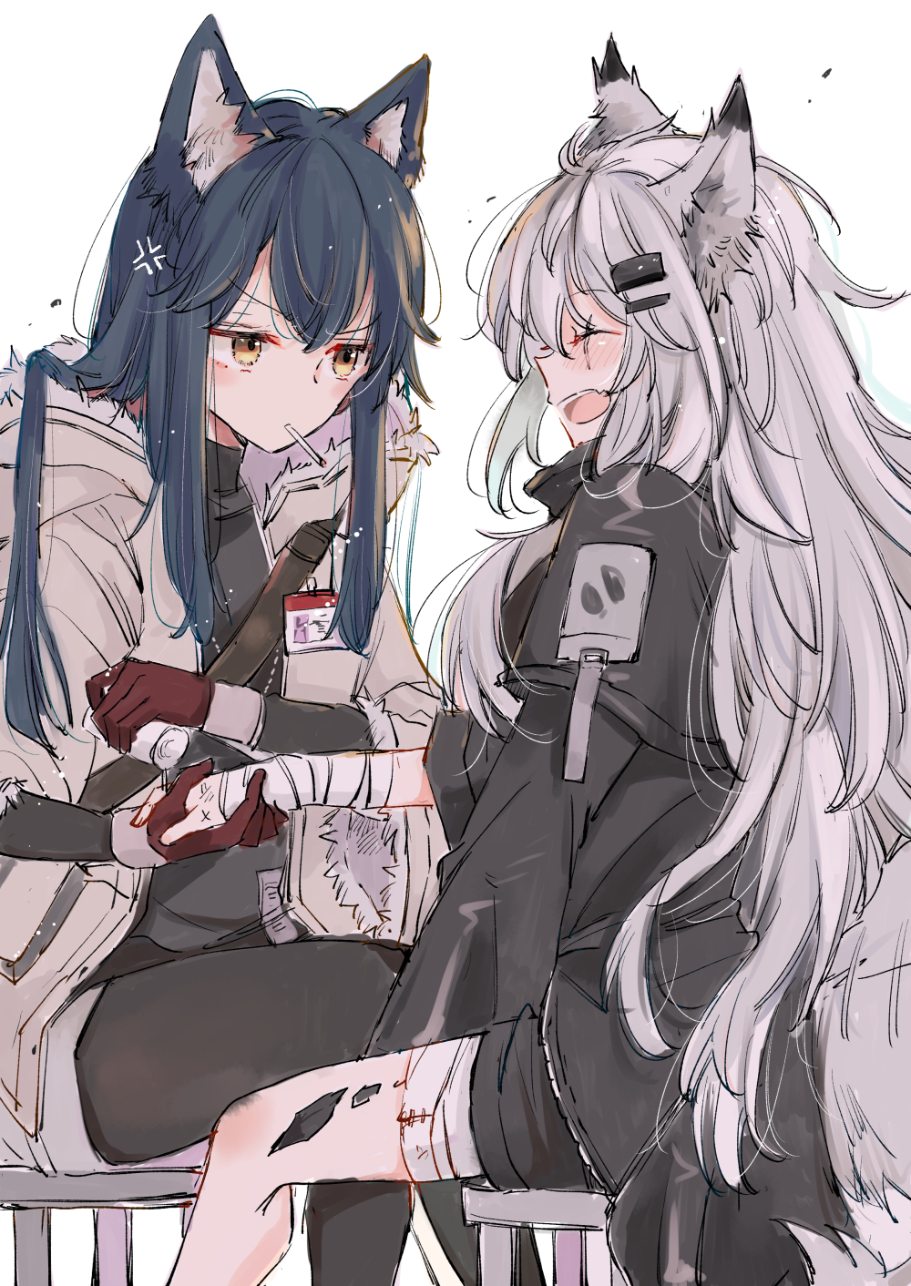 2girls, :d, ^_^, afterimage, anger_vein, animal_ear_fluff, animal_ears, arknights