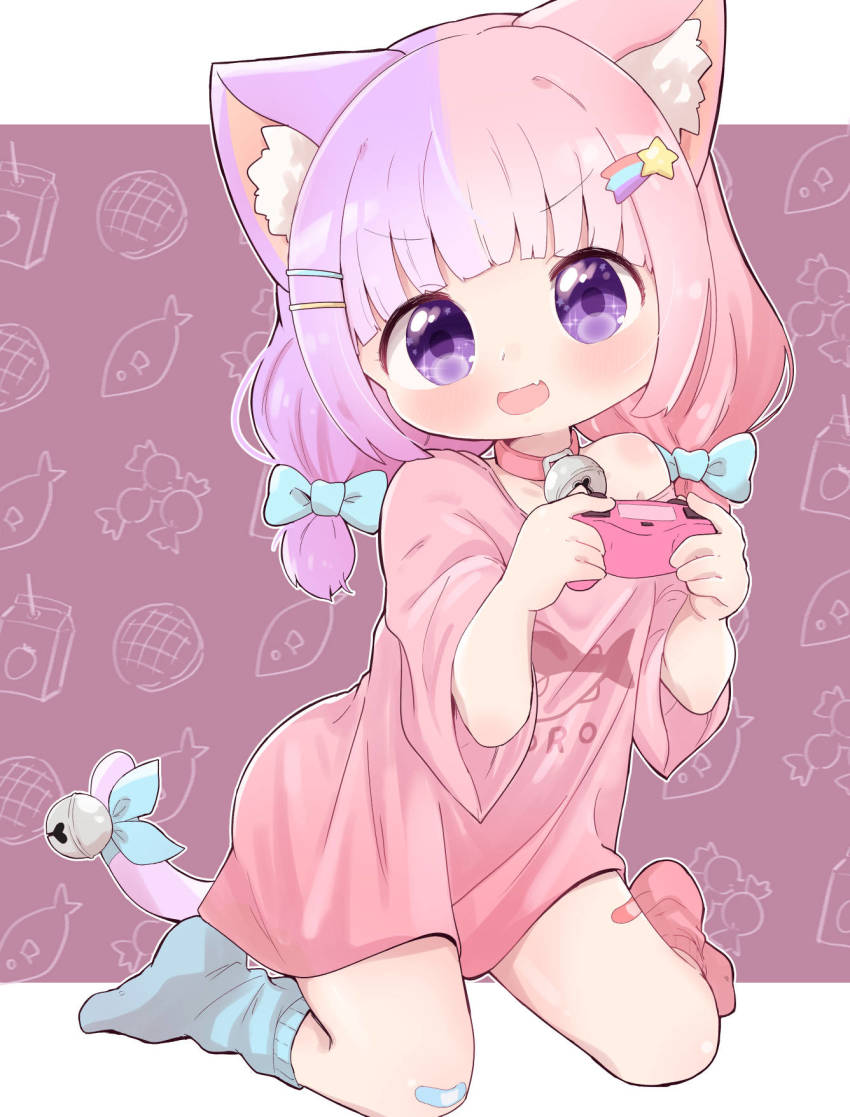 1girl, animal_ear_fluff, animal_ears, bandaid, bandaid_on_knee, bandaid_on_leg, bell, borrowed_character