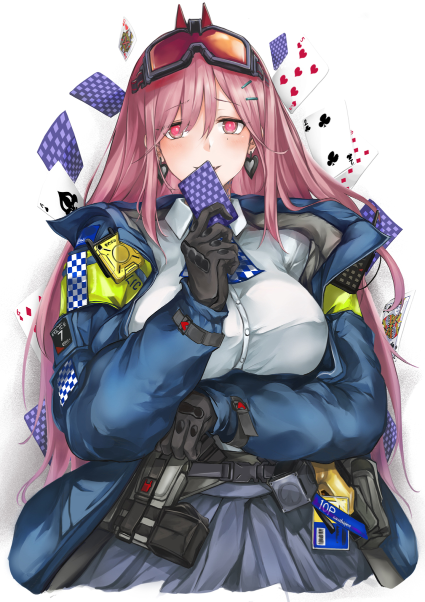 1girl, :d, arm_under_breasts, belt, black_gloves, blue_jacket, blush, breasts