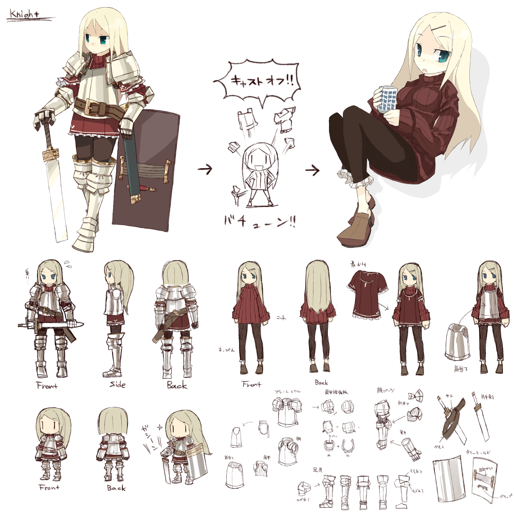 armor, bad_id, bad_pixiv_id, blonde_hair, ccru, fantasy, green_eyes, knight, long_hair, original, shield, sweater, sword, weapon