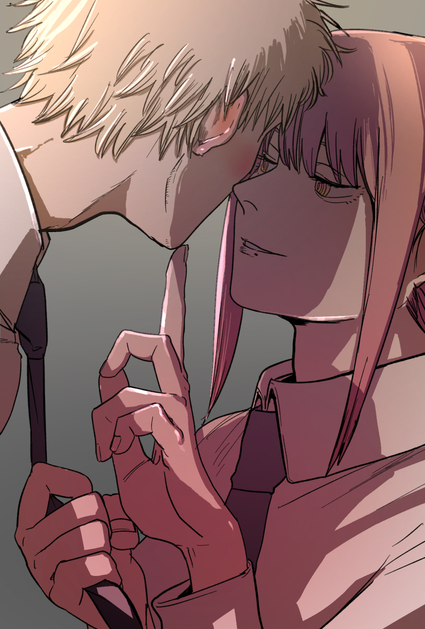 1boy, 1girl, assertive_female, bithmath, black_necktie, blonde_hair, blush, braid