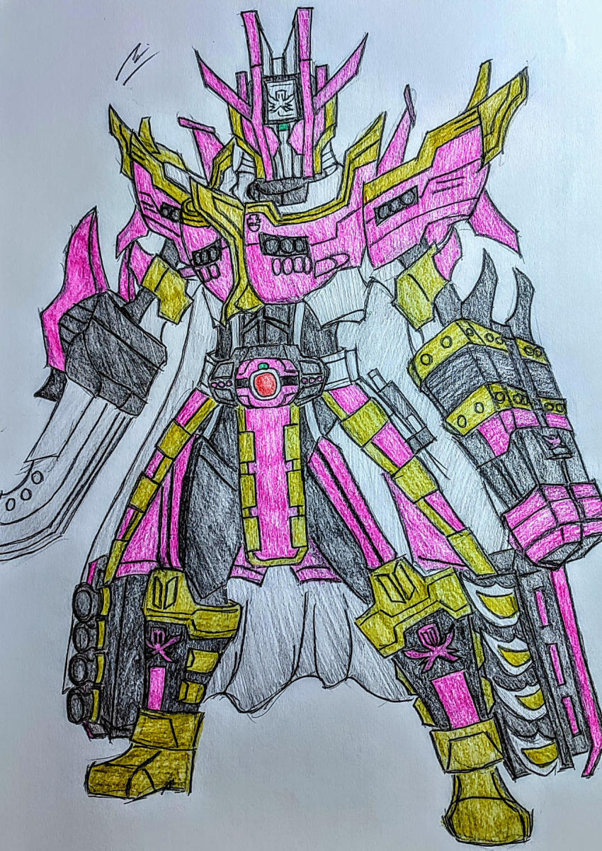 1boy, animal_hands, antennae, arm_cannon, armor, belt, bodysuit, cape, card, claw_(weapon), complete_form, complete_form_21, cross_armor_mode, crossover, dcd10unite, fusion, galleon_armor_mode, gloves, helmet, highres, kaizoku_sentai_gokaiger, kamen_rider, kamen_rider_dcd, kamen_rider_decade, kamen_rider_zi-o_(series), looking_at_viewer, mask, paw_gloves, pink_cape, pink_eyes, red_eyes, rider_belt, solo, super_sentai, sword, tokusatsu, weapon