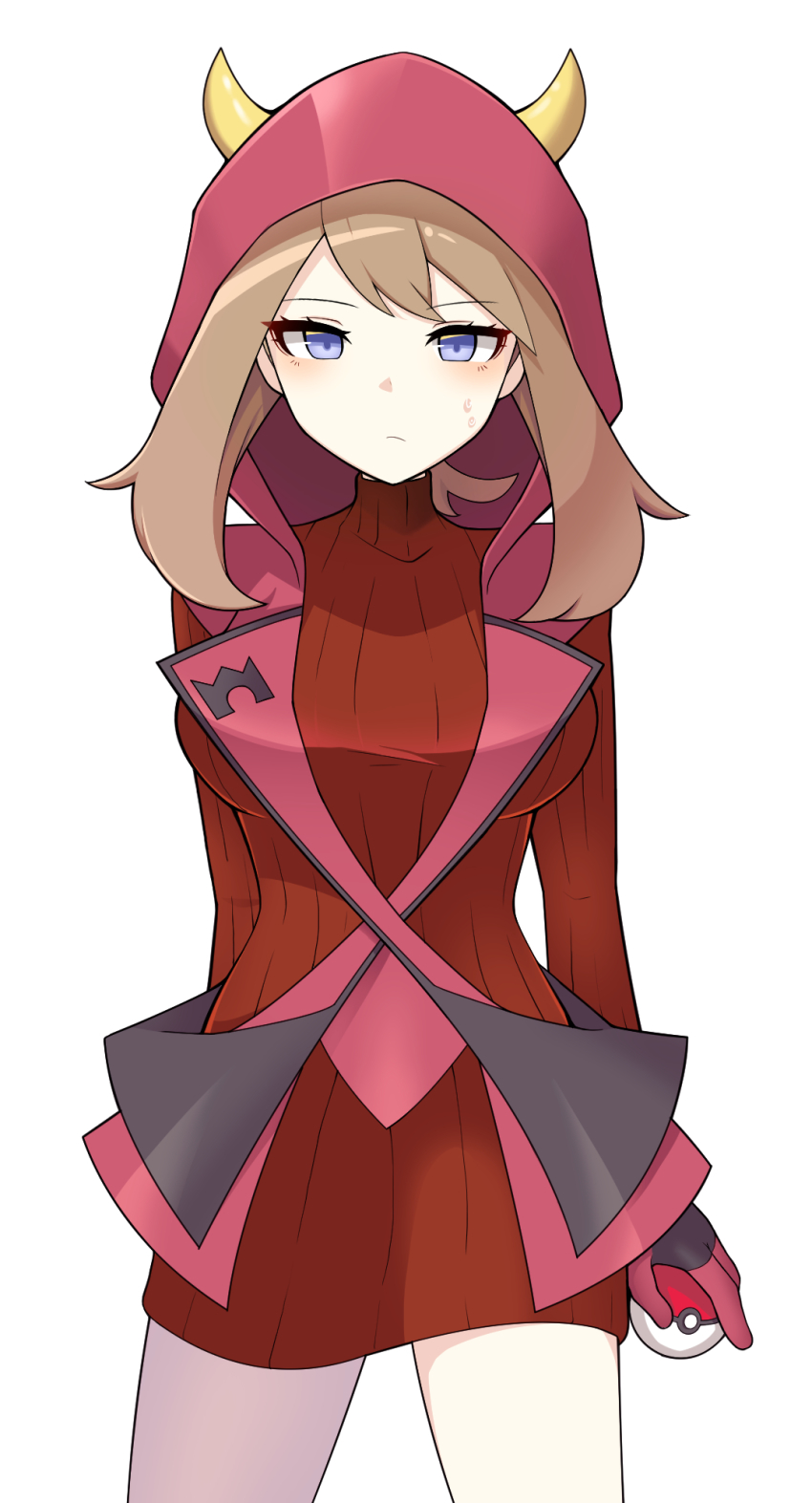 1girl, alternate_costume, bails, breasts, brown_hair, closed_mouth, commentary_request, cosplay, courtney_(pokemon), courtney_(pokemon)_(cosplay), dress, eyelashes, fake_horns, female_focus, grey_eyes, highres, holding, holding_poke_ball, hood, hood_up, horns, korean_commentary, long_hair, looking_at_viewer, may_(pokemon), nintendo, poke_ball, poke_ball_(basic), pokemon, pokemon_omega_ruby_and_alpha_sapphire, red_dress, ribbed_dress, simple_background, solo, sweater, sweater_dress, team_magma, team_magma_uniform, turtleneck