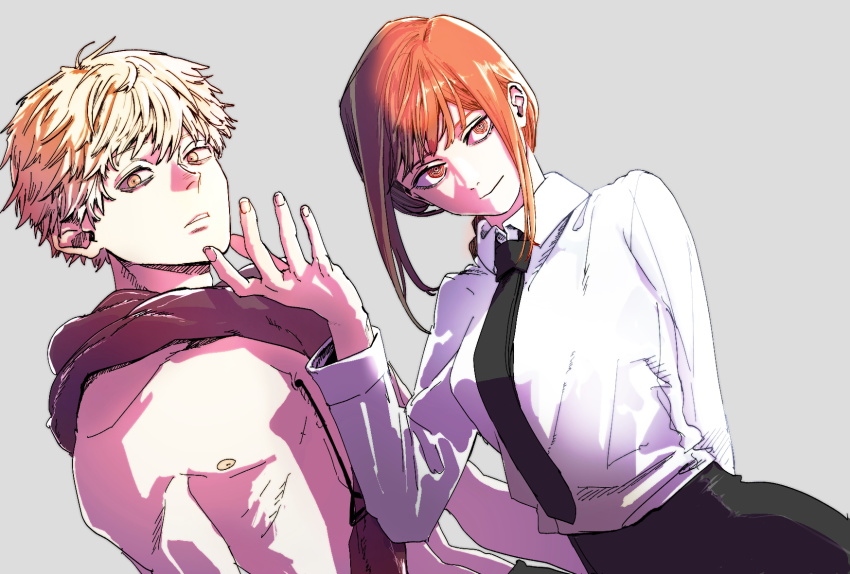 1boy, 1girl, @_@, ass, bithmath, black_necktie, blonde_hair, braid