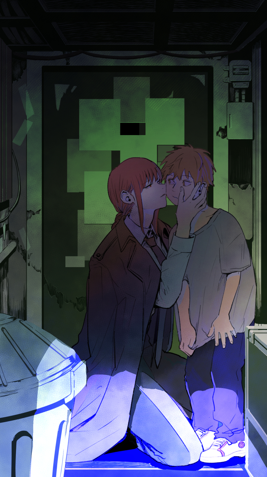 1boy, 1girl, absurdres, age_difference, aged_down, bithmath, black_jacket, black_necktie