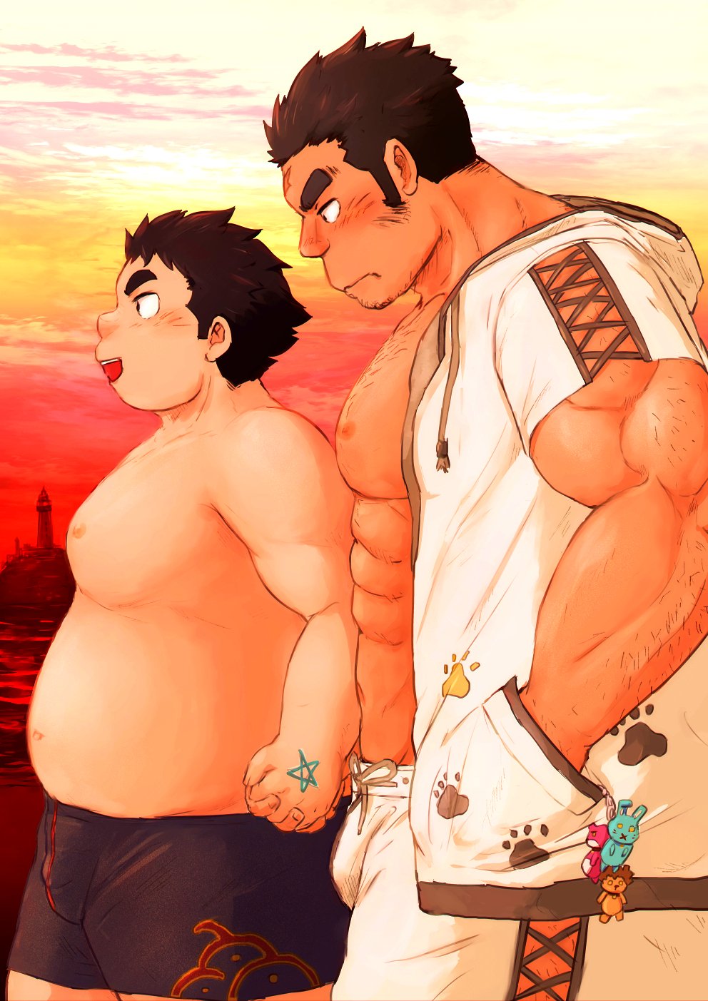 2boys, arm_hair, bara, bare_pectorals, belly, blush, bulge, chest_hair, clothing_cutout, couple, cross-laced_clothes, cross-laced_cutout, cross-laced_legwear, cross-laced_slit, cross_scar, facial_hair, fat, fat_man, from_side, grey_male_swimwear, highres, holding_hands, hood, hood_down, houzouin_oniwaka, interlocked_fingers, jacket, large_pectorals, long_sideburns, looking_down, male_focus, male_swimwear, protagonist_5_(housamo), mature_male, multiple_boys, muscular, muscular_male, nipples, open_clothes, open_jacket, paw_print, pectorals, scar, scar_on_face, scar_on_forehead, short_hair, sideburns, stubble, swim_briefs, thick_eyebrows, tokyo_houkago_summoners, topless_male, walking, yakiniku0141, yaoi