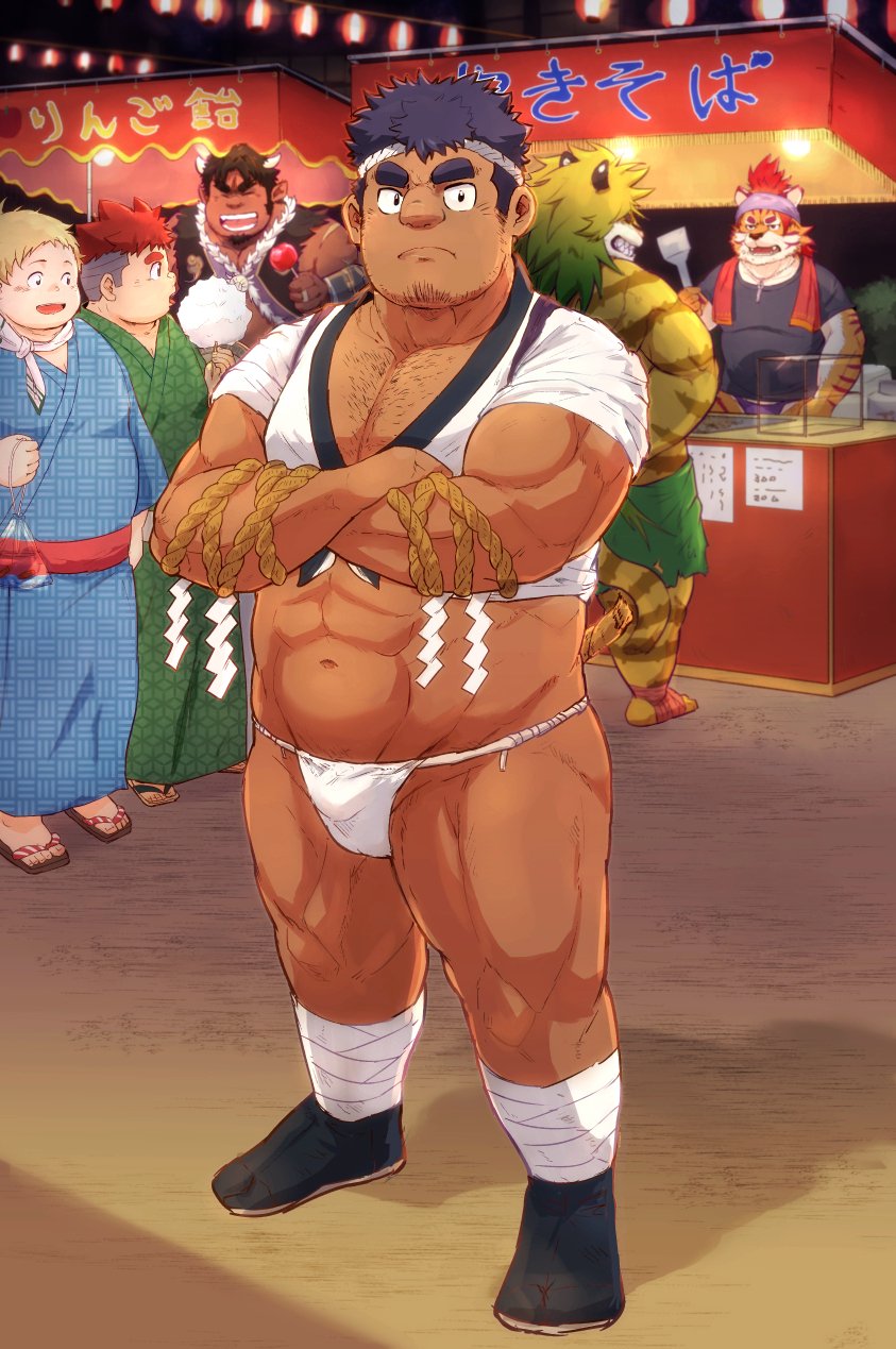 6+boys, abs, bandaged_leg, bandages, bara, bulge, character_request, chest_hair