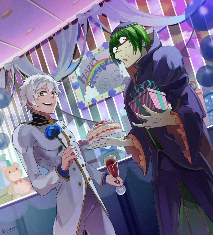 2boys, :d, blue_flower, blue_rose, bowl_cut, cake, colored_skin, cup