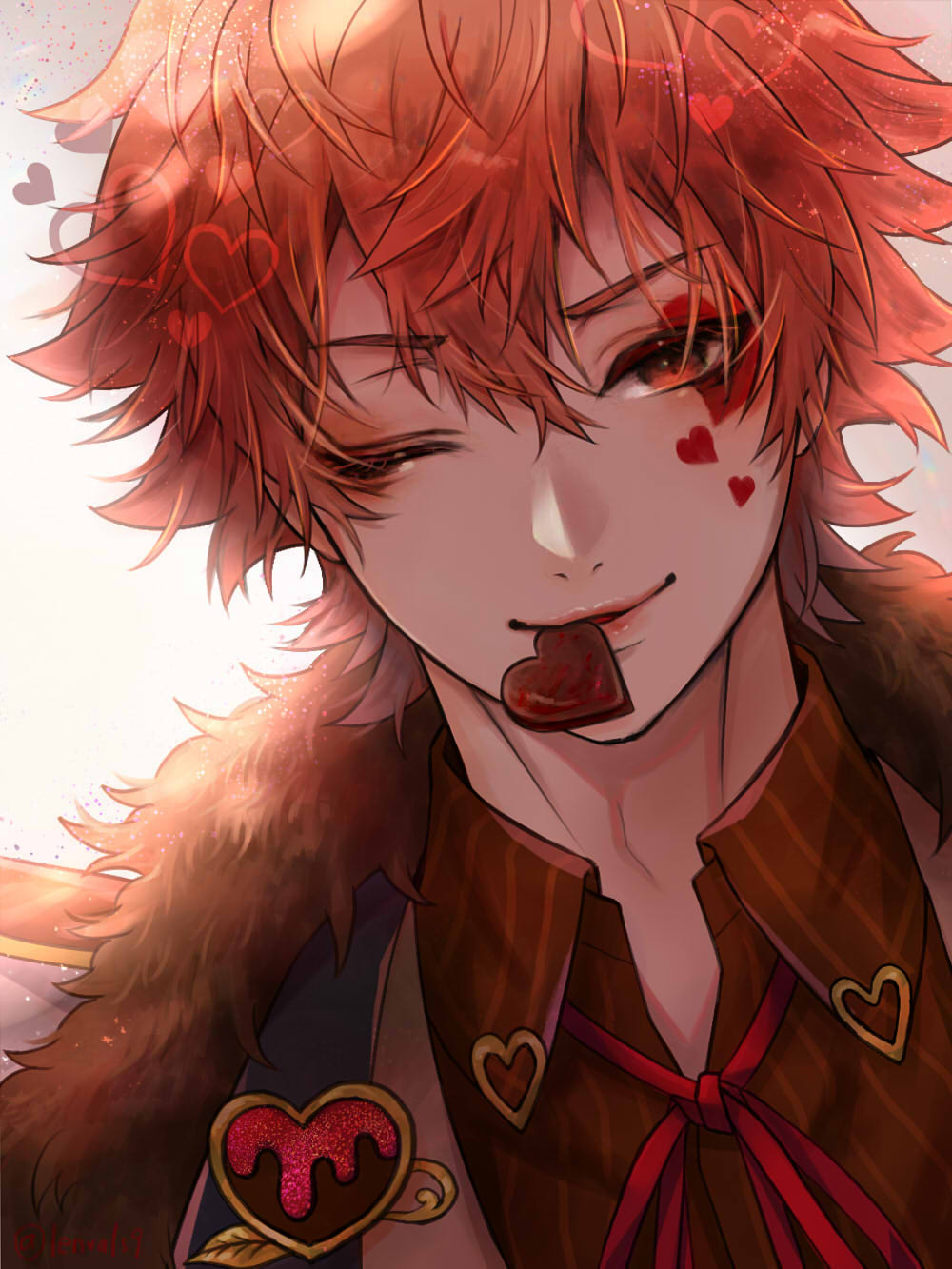 1boy, ace_trappola, brown_shirt, collared_shirt, dutch_angle, eyeshadow, facial_mark, fur_trim