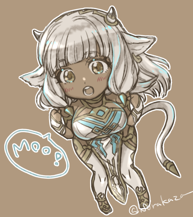 1girl, animal_ears, ash_(fire_emblem), bare_shoulders, black_horns, blunt_bangs, blush, breasts, brown_background, brown_eyes, chibi, commentary, cow_ears, cow_girl, cow_horns, cow_tail, dark-skinned_female, dark_skin, dress, fire_emblem, fire_emblem_heroes, horns, large_breasts, long_hair, looking_at_viewer, nintendo, open_mouth, pelvic_curtain, simple_background, sleeveless, sleeveless_dress, solo, sorakaza, speech_bubble, tail, twitter_username, white_dress, white_hair, white_legwear