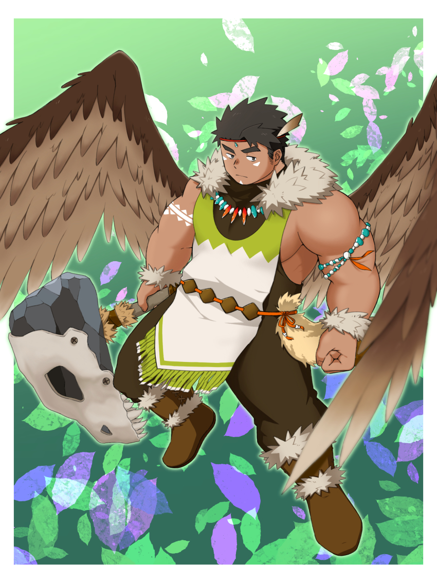 1boy, absurdres, animal_skull, another_eidos-r, baggy_pants, bara, black_hair, brown_wings
