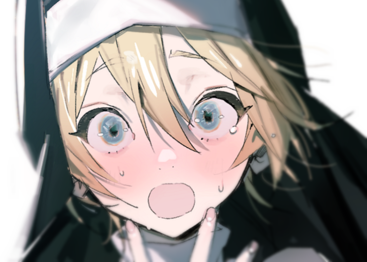 1girl, blonde_hair, blue_eyes, blush, hair_between_eyes, looking_at_viewer, nun, nun_headdress