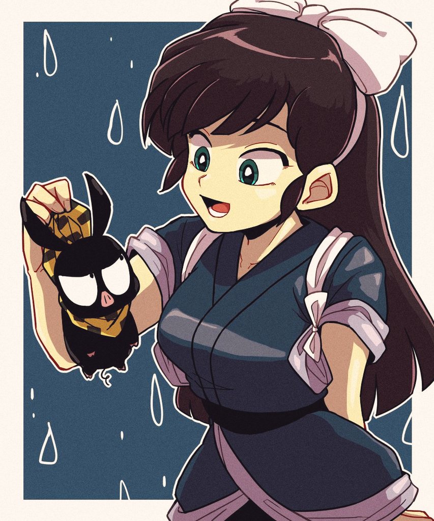 1girl, brown_hair, japanese_clothes, kuonji_ukyou, maru_handa, open_mouth, p-chan_(ranma_1/2), pig