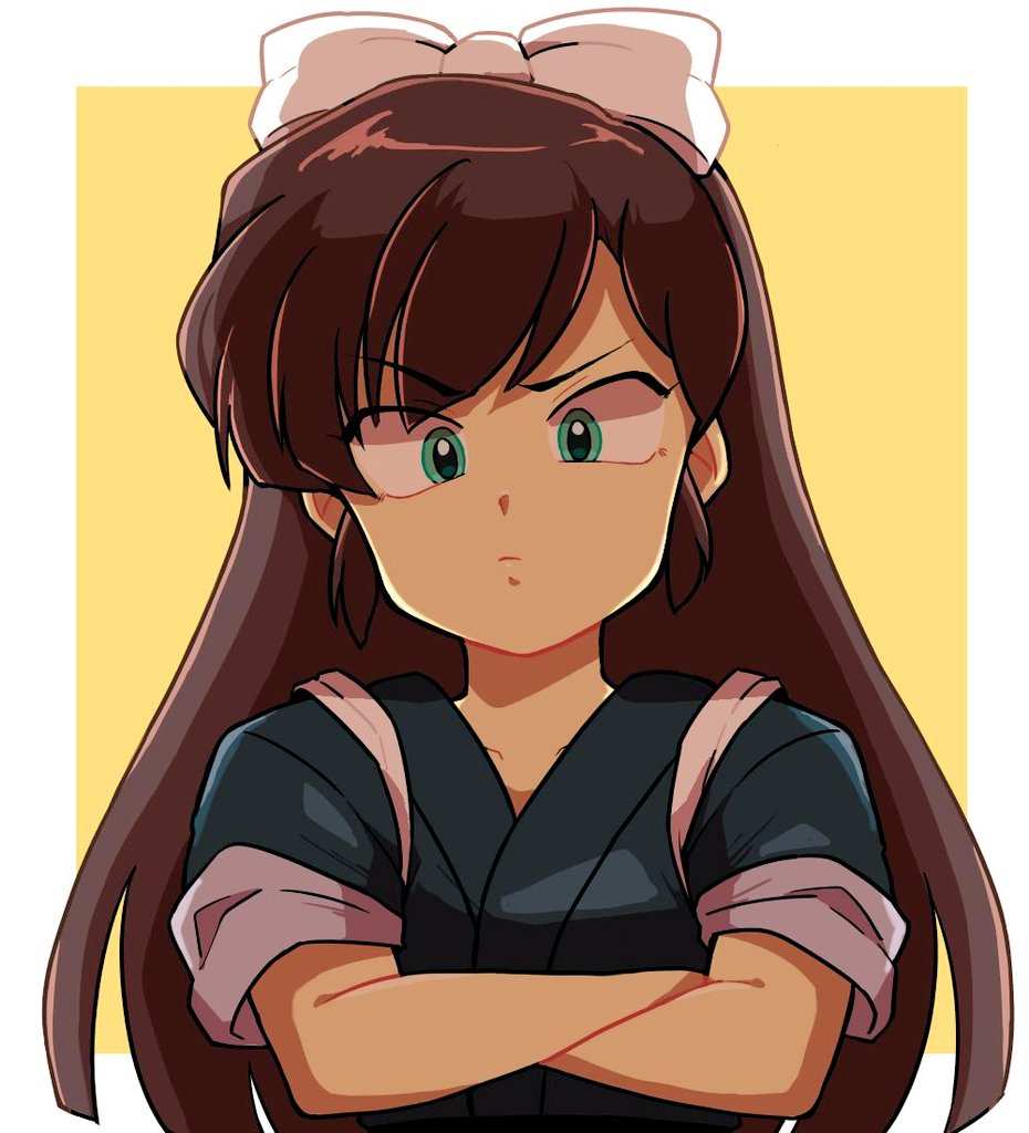 1girl, angry, brown_hair, green_eyes, kuonji_ukyou, maru_handa, pout, ranma_1/2, ribbon, solo
