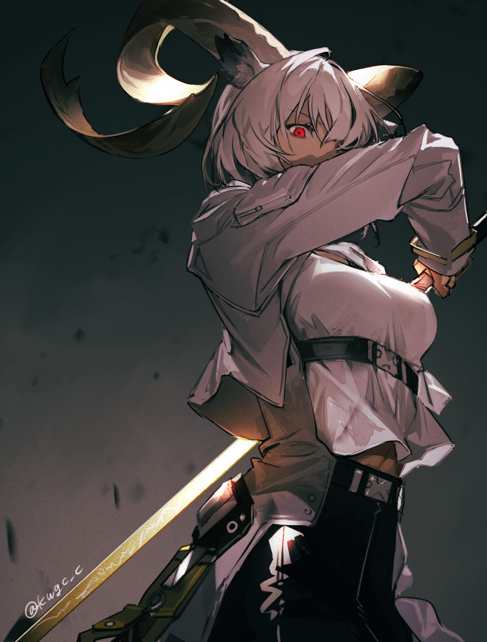 1girl, animal_ears, arknights, black_skirt, breasts, carnelian_(arknights), cowboy_shot, dark-skinned_female