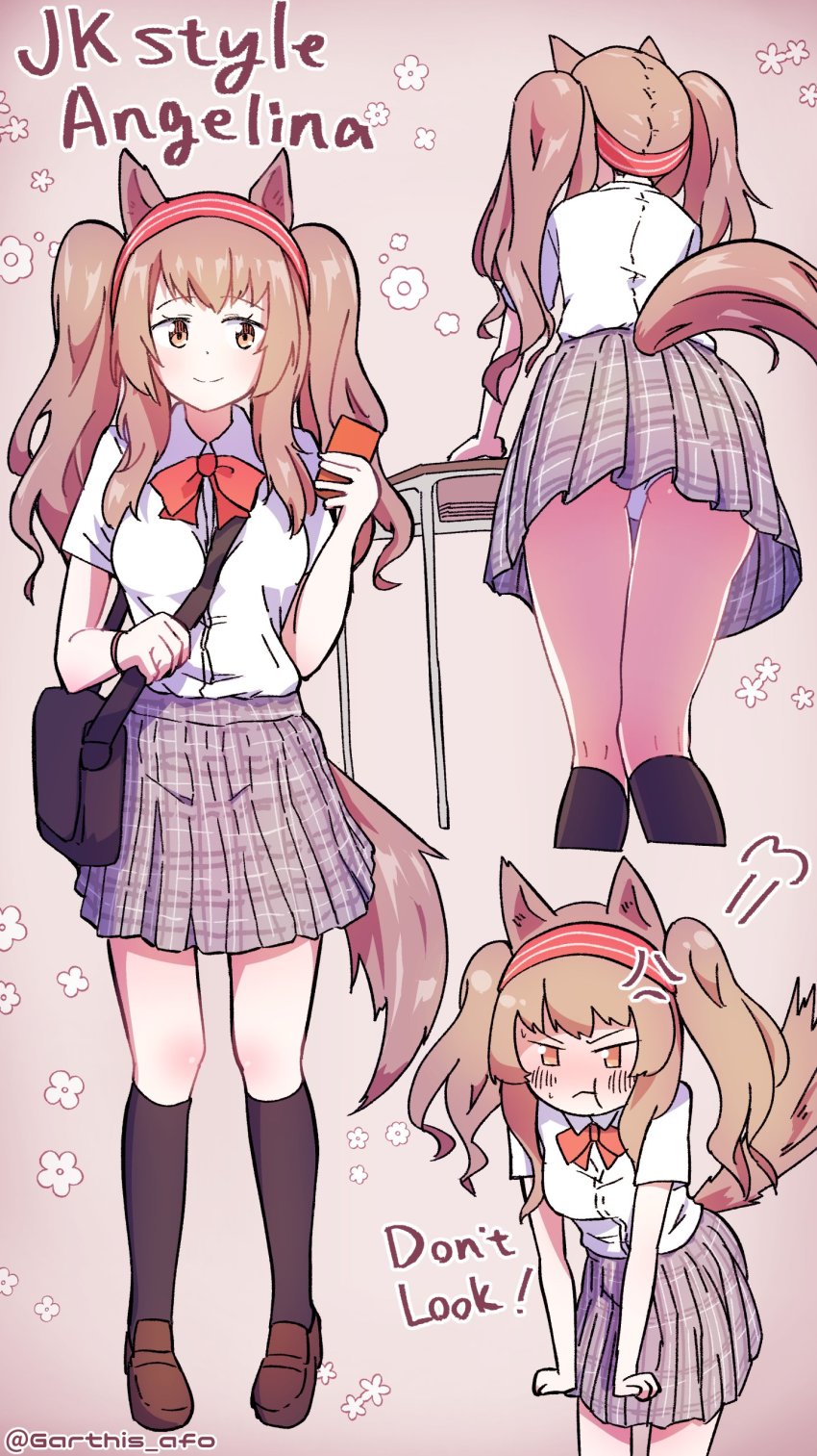 1girl, a.f.o, absurdres, alternate_costume, angelina_(arknights), animal_ears, arknights, blush, bow, brown_eyes, brown_hair, closed_mouth, english_text, fox_ears, fox_girl, fox_tail, highres, kneepits, long_hair, miniskirt, panties, plaid_clothes, plaid_skirt, pout, school_uniform, short_sleeves, skirt, solo, tail, twintails, underwear