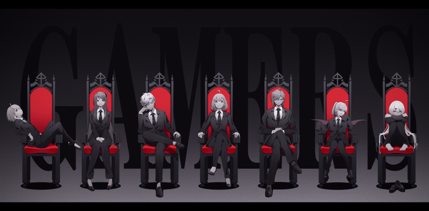 2boys, 5girls, absurdres, ahoge, akabane_youko, arm_pillow, bags_under_eyes, barefoot, black_background, black_footwear, black_jacket, black_necktie, black_pants, bob_cut, braid, braided_bangs, cafe_in, chair, collared_shirt, crossed_arms, crossed_legs, demon_wings, earrings, empty_eyes, english_text, expressionless, feet_on_chair, flower_earrings, frown, gradient_background, green_eyes, grey_hair, hair_ornament, hair_over_shoulder, hairclip, hand_on_own_face, hands_on_own_thighs, head_rest, head_tilt, highres, honma_himawari, interlocked_fingers, jacket, jewelry, jitome, kanae_(nijisanji), knees_together_feet_apart, knees_up, kuzuha_(nijisanji), leaning_back, leaning_to_the_side, letterboxed, long_hair, long_sleeves, looking_at_viewer, low_ponytail, makaino_ririmu, multicolored_hair, multiple_boys, multiple_girls, necktie, nijisanji, one_side_up, outstretched_hand, oversized_clothes, own_hands_together, pants, partially_colored, pigeon-toed, pointy_ears, ponytail, purple_eyes, reclining, red_eyes, sasaki_saku, shiina_yuika, shirt, shoes, short_hair, sidelocks, single_earring, sitting, sitting_sideways, smile, smirk, streaked_hair, tie_clip, two_side_up, unworn_shoes, v_arms, very_long_hair, virtual_youtuber, white_hair, white_shirt, wings, yellow_eyes