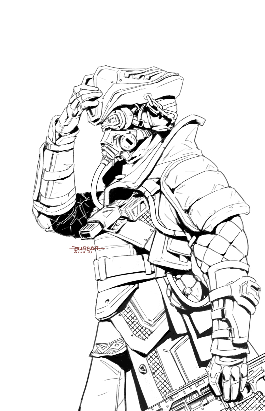 1other, ambiguous_gender, apex_legends, armor, assault_rifle, bloodhound_(apex_legends), bloody_buccaneer_bloodhound, cable, commentary, english_commentary, eureka1812, goggles, greyscale, gun, hat, highres, holding, holding_gun, holding_weapon, lineart, monochrome, official_alternate_costume, pirate_hat, rebreather, rifle, simple_background, solo, vk-47_flatline, weapon, white_background