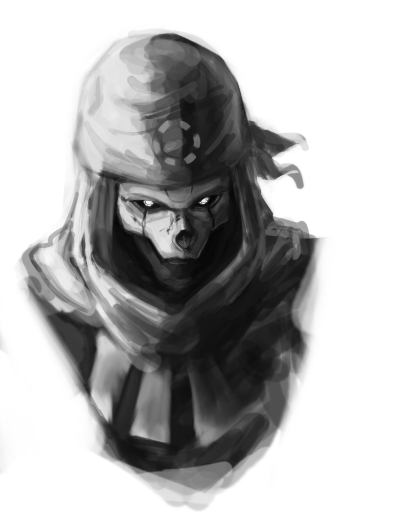 1boy, apex_legends, bandana, black_sclera, classic_revenant, colored_sclera, greyscale, humanoid_robot