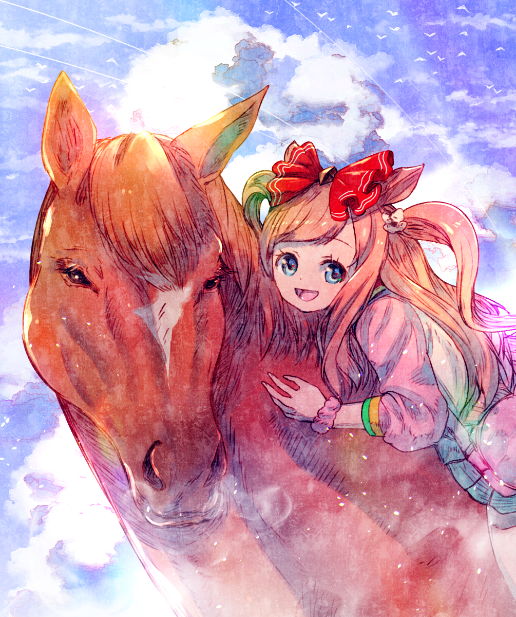 1boy, 1girl, agnes_digital_(racehorse), agnes_digital_(umamusume), animal_ears, blue_eyes, bow, creature_and_personification, highres, hood, hoodie, horse, horse_ears, horse_girl, horseback_riding, looking_at_viewer, personification, red_bow, riding, scrunchie, sidelocks, two_side_up, umamusume, usapenpen2019