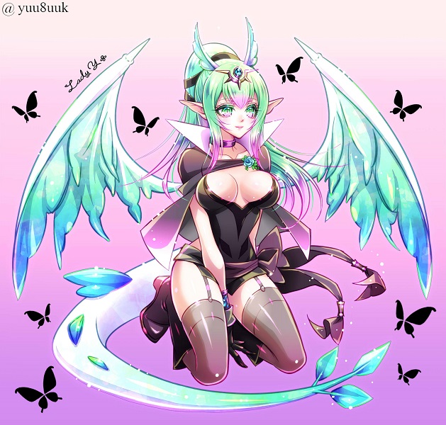 1girl, black_cape, black_dress, black_gloves, black_ribbon, black_thighhighs, blush, boots, bow, breasts, bright_pupils, brooch, bug, butterfly, cape, choker, cleavage, collarbone, dragon_girl, dragon_tail, dragon_wings, dress, eyelashes, female_focus, fire_emblem, fire_emblem_awakening, flower, flower_brooch, full_body, garter_straps, gloves, green_eyes, green_hair, hair_between_eyes, hair_ornament, hair_ribbon, high_heel_boots, high_heels, insect, jewelry, kneeling, lady_y, large_breasts, lips, lipstick, long_hair, looking_at_viewer, makeup, nintendo, parted_bangs, pointy_ears, ponytail, ribbon, sash, side_slit, slit_pupils, smile, solo, sparkle, tail, thighhighs, thighs, tiki_(adult)_(fire_emblem), tiki_(fire_emblem), wide_hips, wings, wristband