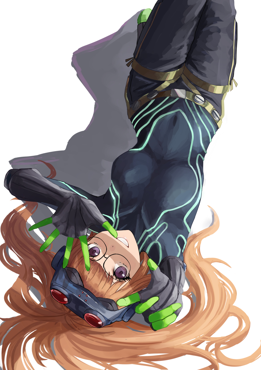 1girl, absurdres, blunt_bangs, elbow_gloves, from_above, gloves, goggles, goggles_on_head