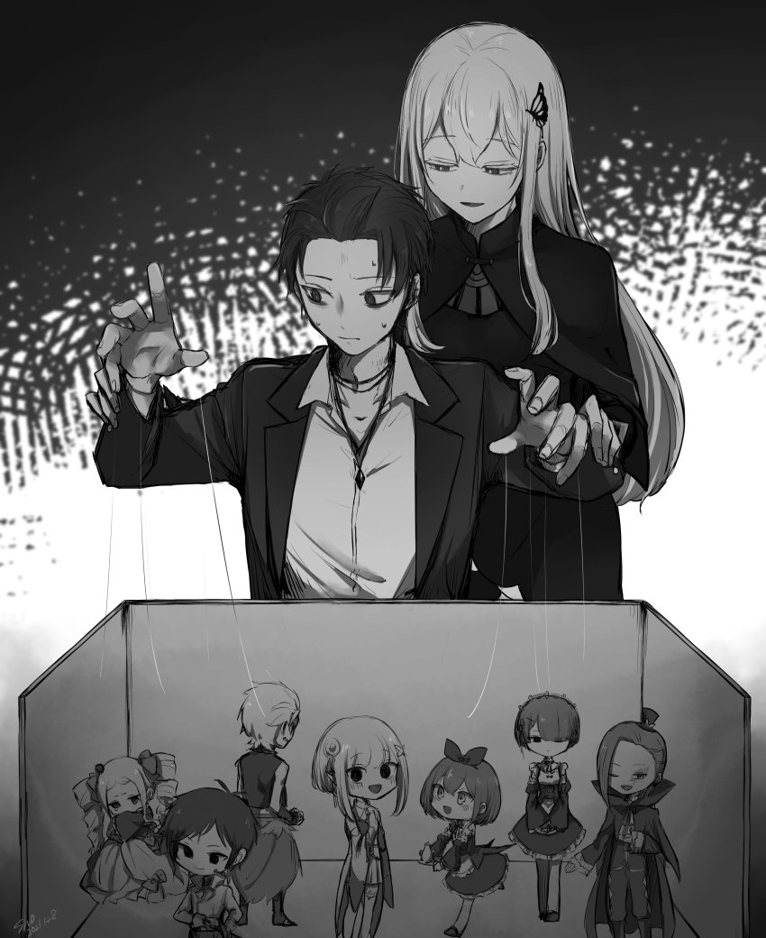 4boys, 5girls, @_@, absurdres, alternate_hairstyle, alternate_universe, beatrice_(re:zero), black_hair, bow, cape, crying, dark_persona, dress, drill_hair, echidna_(re:zero), emilia_(re:zero), empty_eyes, expressionless, from_behind, garfiel_tinsel, hair_bow, hair_over_one_eye, hands_on_another's_wrists, hat, highres, long_hair, looking_at_viewer, lugnica_knight_uniform, mini_hat, multiple_boys, multiple_girls, natsuki_subaru, petra_leyte, puppet_strings, raised_collar, ram_(re:zero), re:zero_kara_hajimeru_isekai_seikatsu, re_taisho94, reinhard_van_astrea, roswaal_l._mathers, roswaal_mansion_maid_uniform, short_hair, very_long_hair, white_dress, white_hair