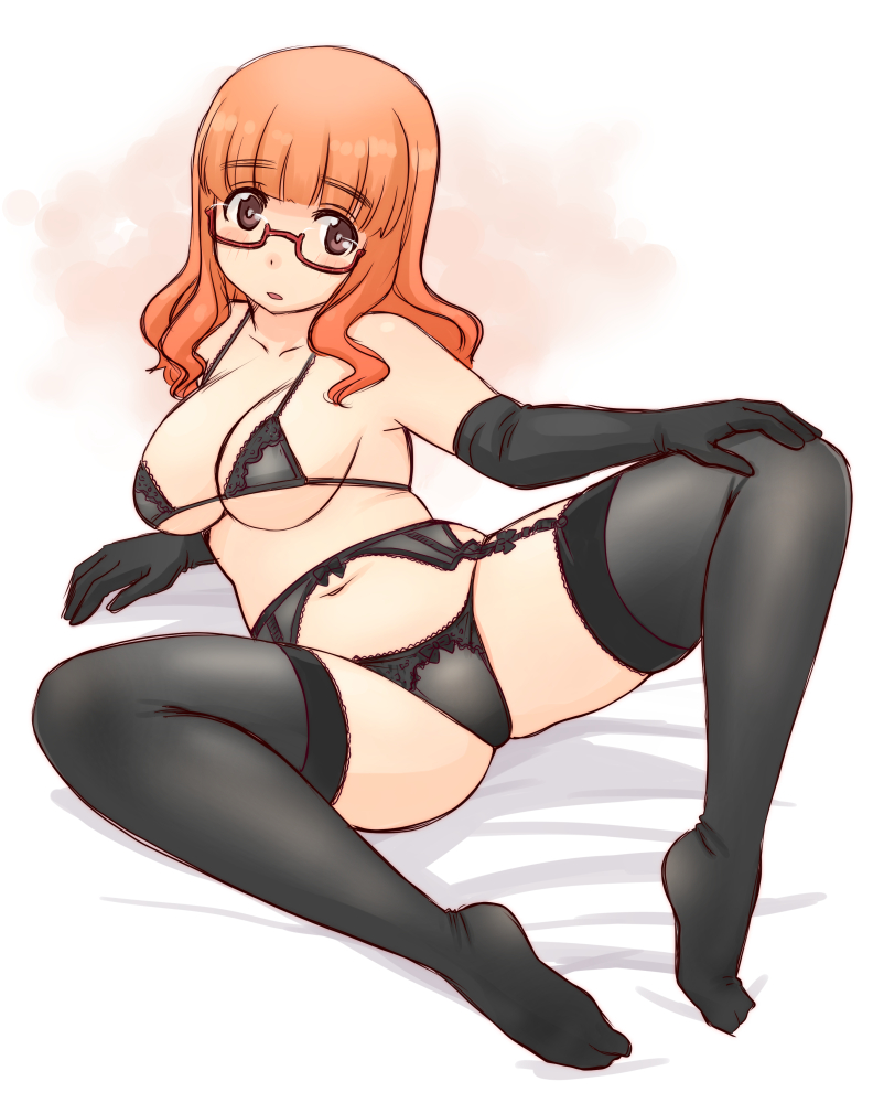 1girl, arm_support, bed_sheet, black_bra, black_gloves, black_panties, black_thighhighs, blunt_bangs
