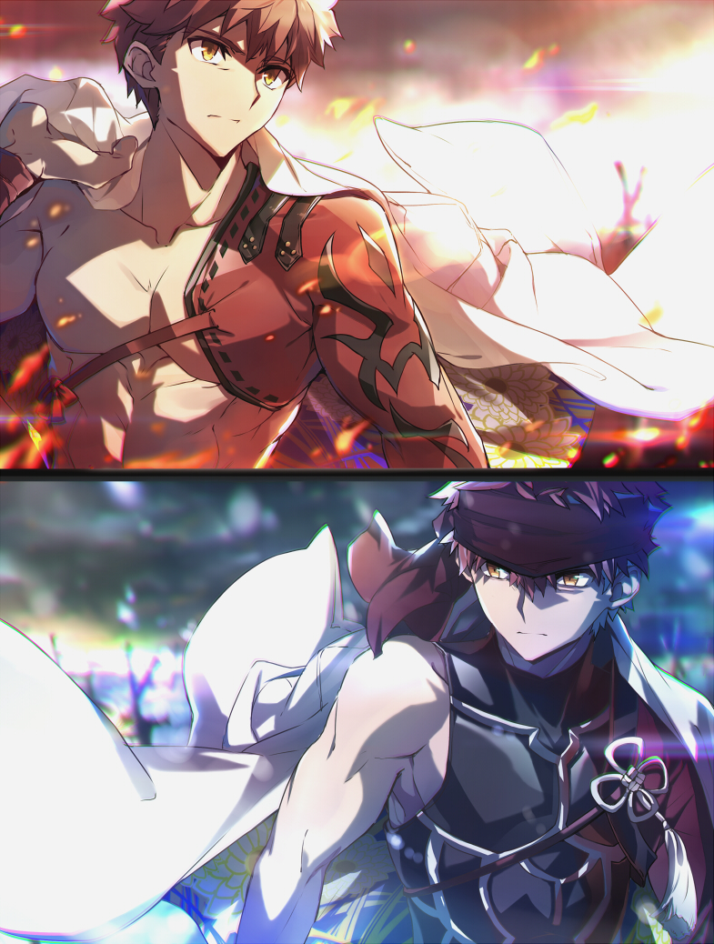 2boys, abs, archer_(fate), archer_(fate)_(cosplay), armor, cape, cosplay, emiya_shirou, emiya_shirou_(archer_install)_(prisma_illya), emiya_shirou_(prisma_illya), fate/grand_order, fate/kaleid_liner_prisma_illya, fate/stay_night, fate_(series), field_of_blades, headband, holding, igote, japanese_armor, japanese_clothes, kusazuri, long_sleeves, male_focus, multiple_boys, multiple_weapons, orange_hair, planted, planted_sword, planted_weapon, raglan_sleeves, red_hair, red_headband, senji_muramasa_(fate), short_hair, single_bare_shoulder, sword, toned, toned_male, topless_male, tsuezu, unlimited_blade_works_(reality_marble), weapon, white_cape, yellow_eyes