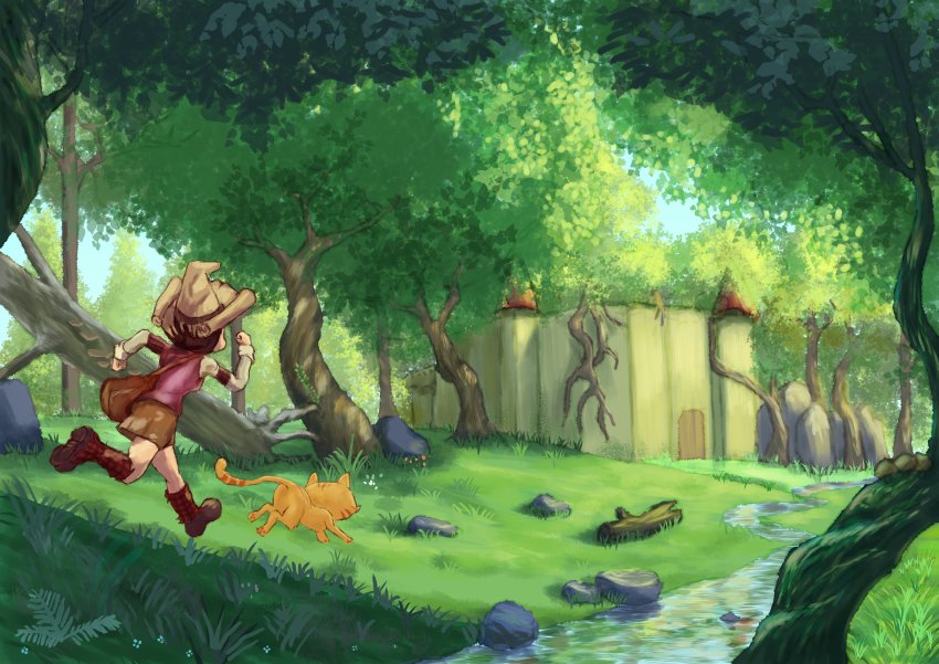 1girl, absurdres, arm_warmers, bag, black_hair, boots, brown_footwear, carrot_(pepper_and_carrot), castle, cat, clenched_hands, david_revoy, derivative_work, facing_away, familiar, flower, forest, fortress, grass, hat, highres, leather, leather_boots, leg_warmers, log, looking_afar, comic_panel_redraw, moss, mushroom, nature, orange_cat, patch, pepper_(pepper_and_carrot), pepper_and_carrot, plant, redrawn, running, shiromame, shoulder_bag, skirt, stream, tree, vest, vines, witch_hat