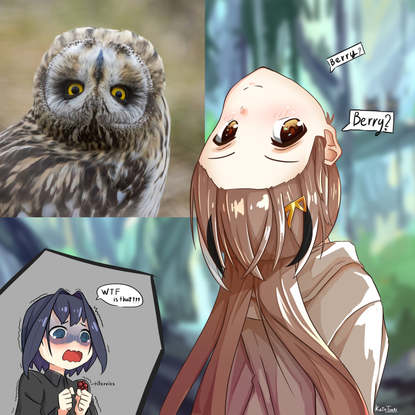 2girls, animal, berry, bird, black_shirt, blue_eyes, blue_hair, brown_eyes