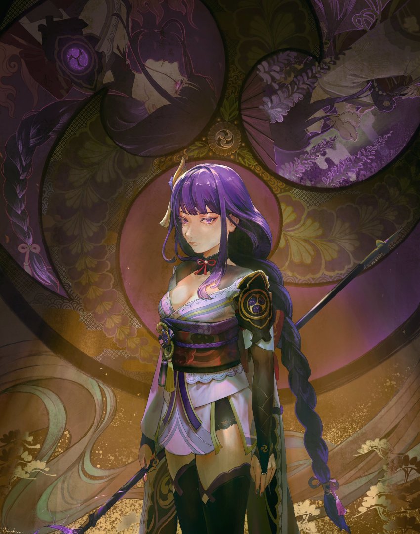 1girl, black_thighhighs, braid, breasts, cleavage, closed_mouth, flower, genshin_impact