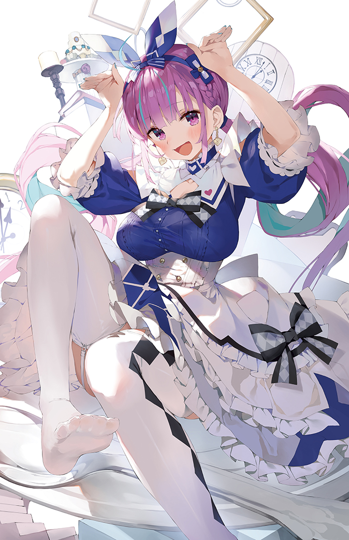 1girl, :d, apron, arms_up, blue_dress, blue_hair, bow_hairband, breasts, colored_inner_hair, commentary_request, dress, earrings, feet, frilled_apron, frilled_dress, frills, gaou_(umaiyo_puyoman), garter_straps, hairband, heart, heart_earrings, hololive, jewelry, large_breasts, long_hair, minato_aqua, minato_aqua_(aqua_iro_in_wonder_land), multicolored_hair, no_shoes, open_mouth, picture_frame, puffy_short_sleeves, puffy_sleeves, purple_eyes, purple_hair, rabbit_pose, short_sleeves, sitting, smile, solo, thighhighs, very_long_hair, virtual_youtuber, white_thighhighs