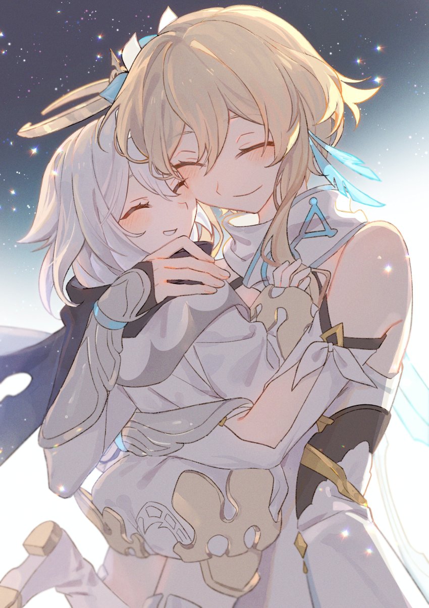 2girls, absurdres, black_gloves, blonde_hair, blush, boots, closed_eyes, detached_sleeves, dress, fingerless_gloves, flower, genshin_impact, gloves, gnsn_tori, hair_between_eyes, hair_flower, hair_ornament, halo, highres, hug, long_sleeves, lumine_(genshin_impact), multiple_girls, paimon_(genshin_impact), parted_lips, romper, short_hair_with_long_locks, simple_background, smile, sparkle, white_dress, white_flower, white_footwear, white_hair, white_romper