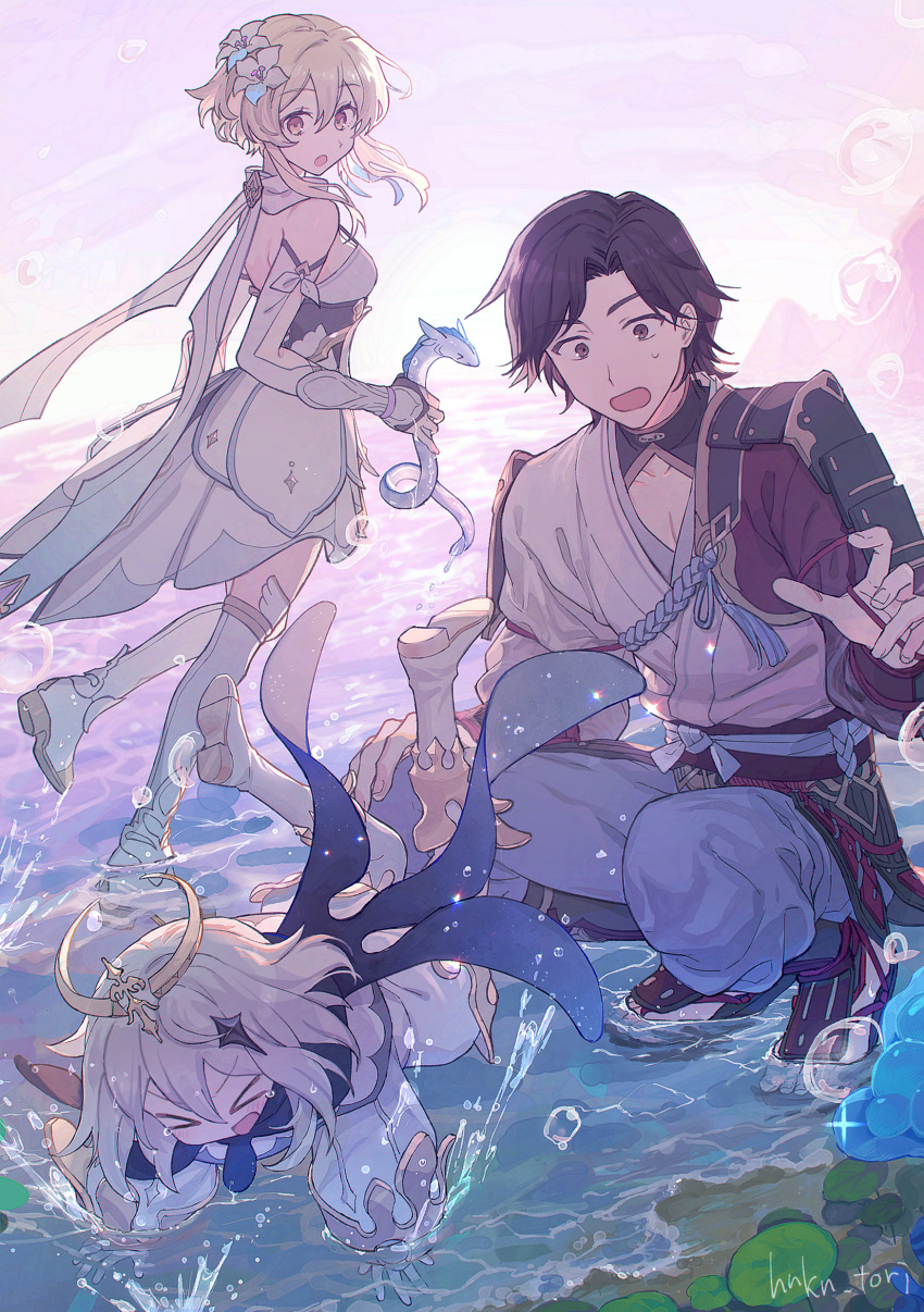 >_<, 1boy, 2girls, absurdres, armor, black_hair, boots, closed_eyes