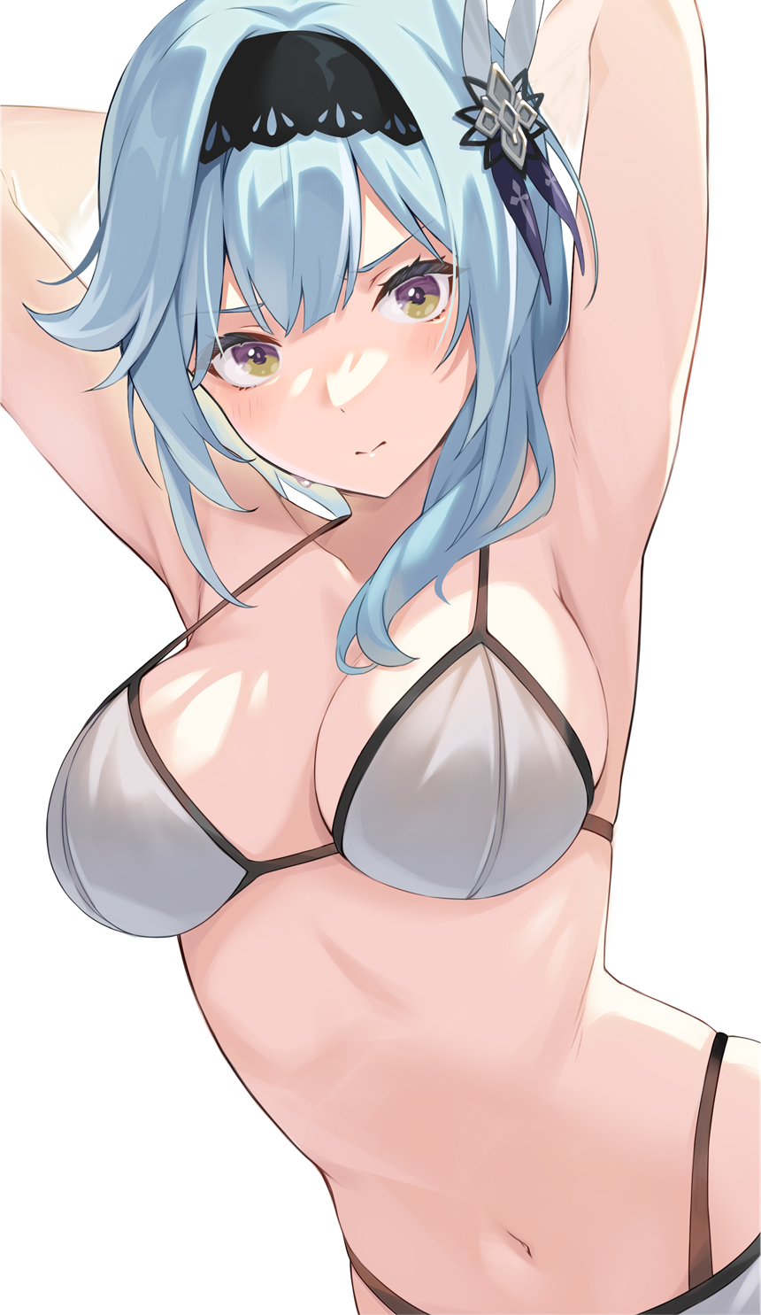1girl, alternate_costume, bikini, blue_eyes, breasts, bush, eula_(genshin_impact), genshin_impact, hair_ornament, highres, large_breasts, looking_at_viewer, ponchan_ponc, simple_background, solo, string_bikini, swimsuit, white_background, white_bikini, yellow_eyes