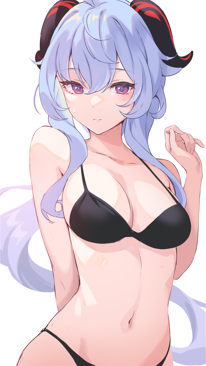 1girl, bikini, black_bikini, blue_eyes, blush, breasts, ganyu_(genshin_impact), genshin_impact