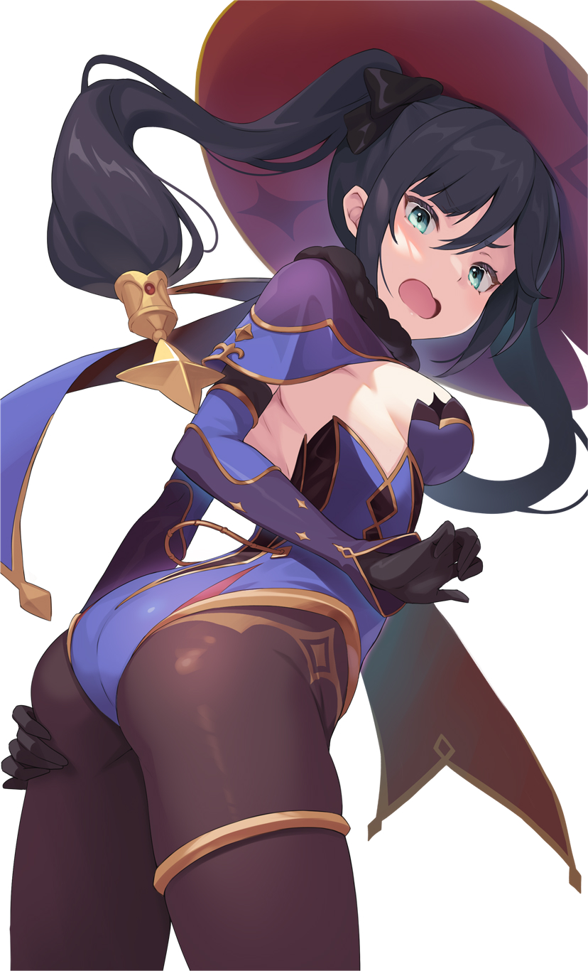 1girl, black_pantyhose, breasts, fur_collar, genshin_impact, green_eyes, hair_between_eyes, half_updo, hat, highres, jewelry, large_breasts, mona_(genshin_impact), open_mouth, pantyhose, ponchan_ponc, scowl, simple_background, skin_tight, solo, thighlet, twintails, white_background