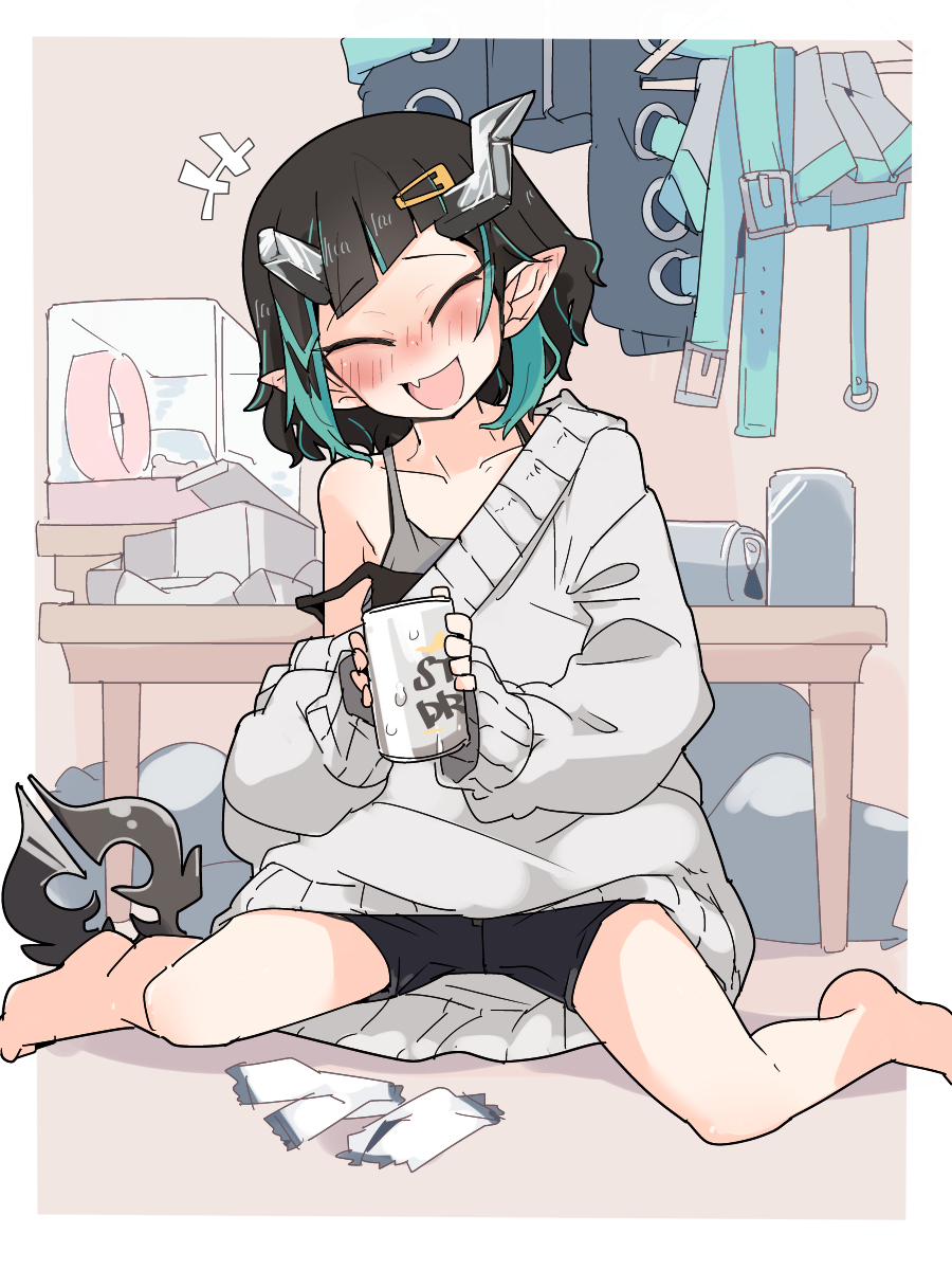 +++, 1girl, belt, black_hair, black_jacket, black_shorts, blue_belt, blue_hair