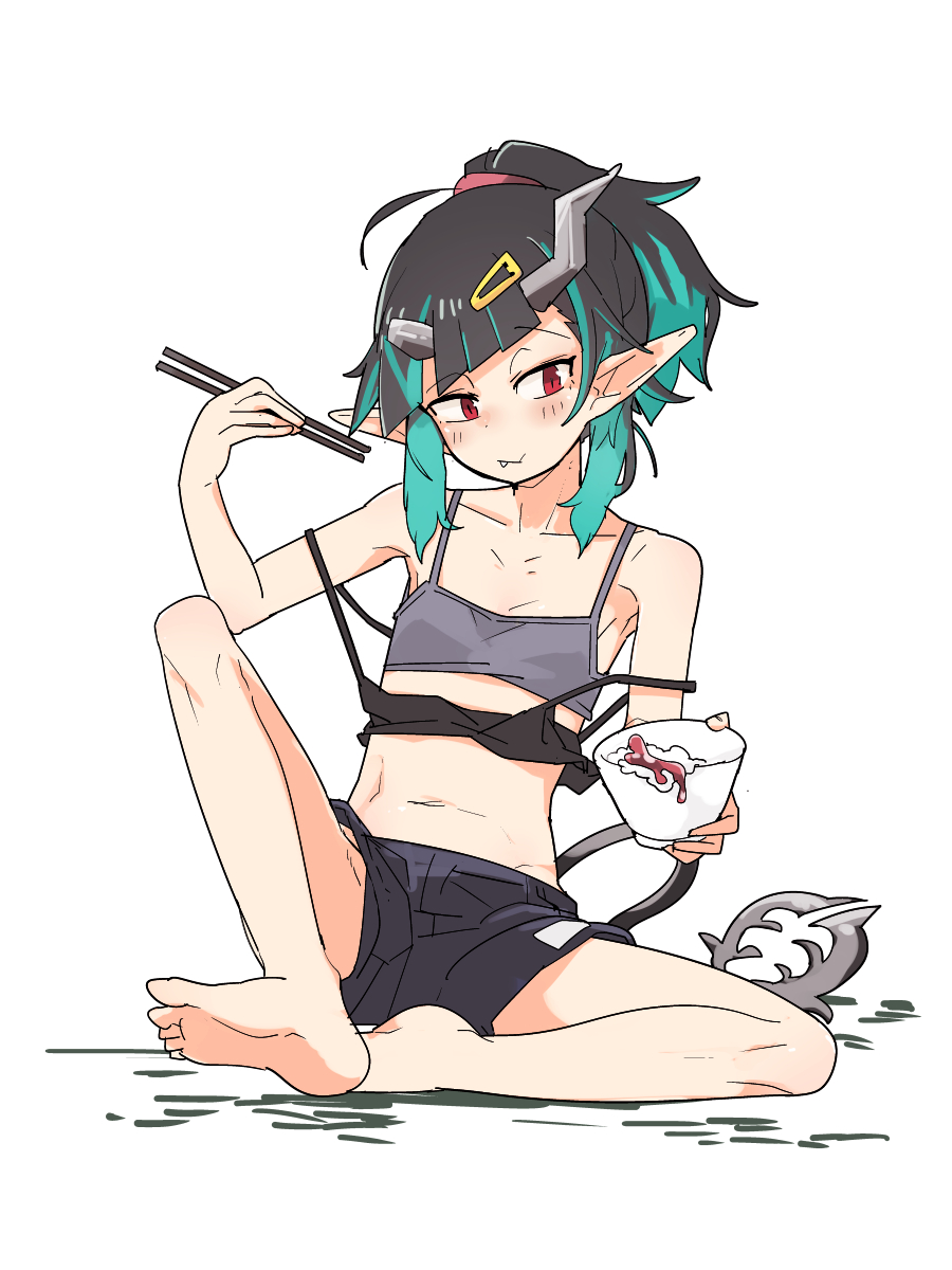 1girl, barefoot, black_camisole, black_hair, black_shorts, blue_hair, blush, bowl