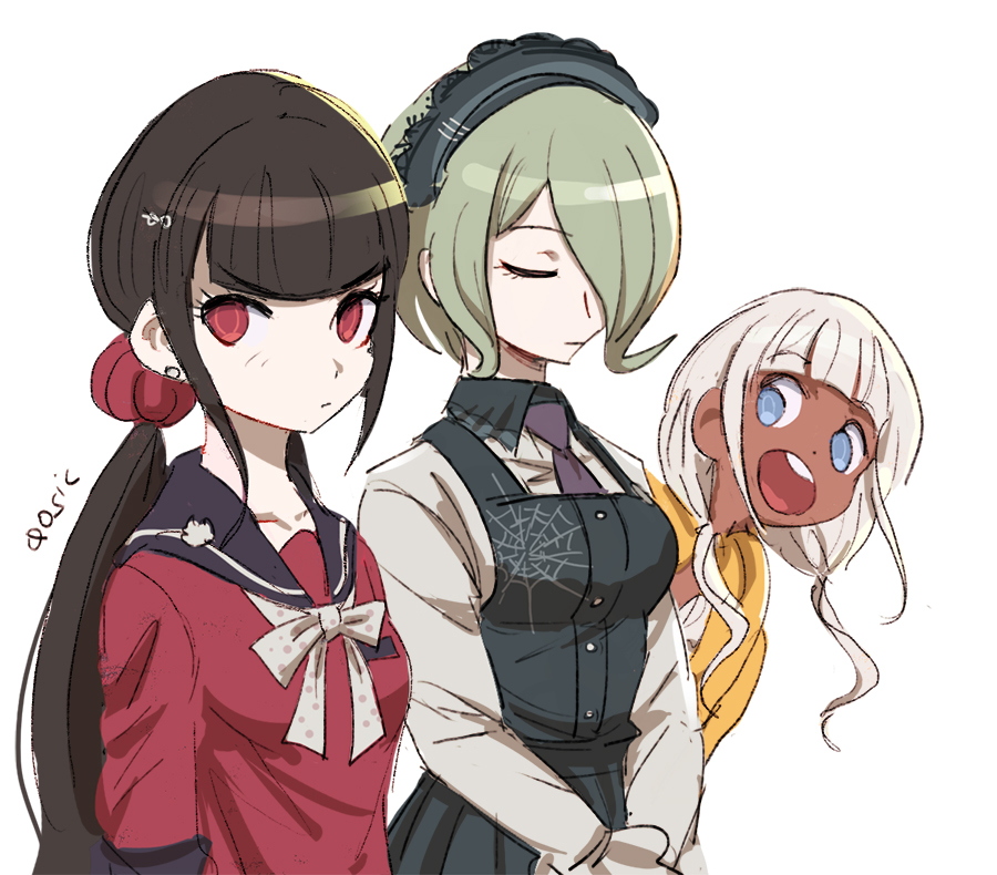 3girls, :d, artist_name, black_sailor_collar, blunt_bangs, blutn_bangs, breast_pocket, breasts, brown_jacket, collarbone, danganronpa_(series), danganronpa_v3:_killing_harmony, dark-skinned_female, dark_skin, dress, green_hair, grey_hair, grey_shirt, hair_ornament, hair_over_one_eye, hair_scrunchie, hairclip, harukawa_maki, jacket, large_breasts, long_hair, long_sleeves, looking_at_viewer, low_twintails, maid, maid_headdress, multiple_girls, open_mouth, own_hands_together, pinafore_dress, pocket, qosic, red_scrunchie, sailor_collar, scrunchie, serious, shirt, short_hair, sleeveless_dress, small_breasts, smile, teeth, tojo_kirumi, twintails, upper_body, upper_teeth_only, yonaga_angie