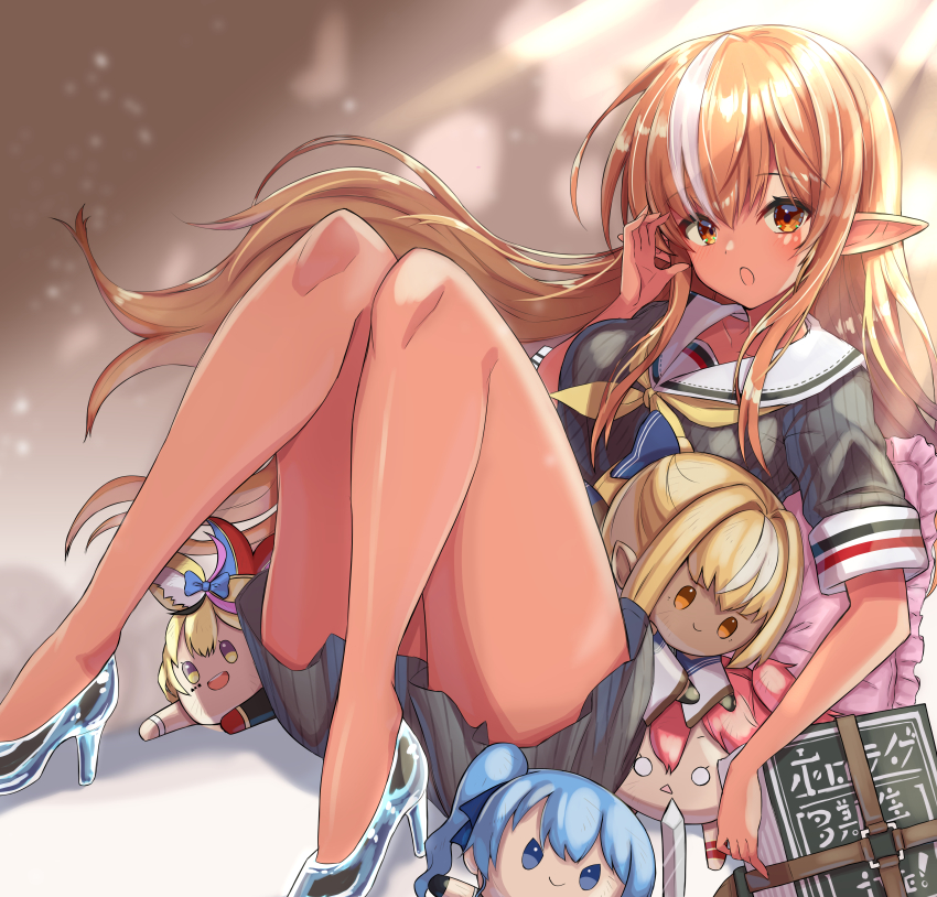 1girl, absurdres, adjusting_eyewear, bare_legs, breasts, brown_eyes, brown_hair, character_doll