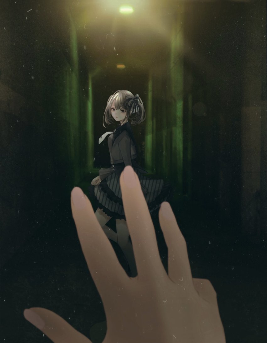 2girls, asymmetrical_hair, black_skirt, bow, ceiling_light, dark, female_focus, female_pov, hair_bow, hallway, highres, kevin_bayashi, looking_at_viewer, multiple_girls, necktie, original, ponytail, pov, silver_hair, skirt, striped_bow