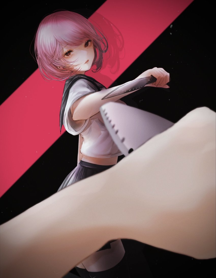 blurry, bob_cut, depth_of_field, highres, holding, holding_knife, kevin_bayashi, knife