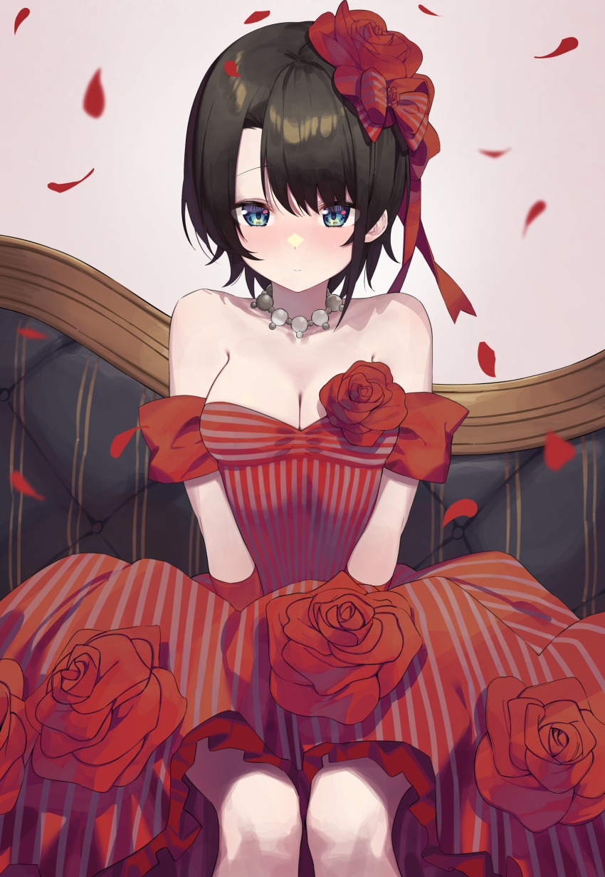 1girl, absurdres, bare_shoulders, black_hair, blue_eyes, blush, bow, breasts, cleavage, closed_mouth, commission, cosplay, dress, fate/grand_order, fate_(series), feet_out_of_frame, flower, frilled_dress, frills, hair_bow, hair_flower, hair_ornament, highres, hololive, jewelry, looking_at_viewer, medium_breasts, necklace, nero_claudius_(fate), nero_claudius_(fate)_(cosplay), nero_claudius_(idol_emperor)_(fate), official_alternate_costume, oozora_subaru, pixiv_commission, red_bow, red_dress, red_flower, red_rose, rose, short_hair, sitting, solo, striped_clothes, striped_dress, syhan, vertical-striped_clothes, vertical-striped_dress, virtual_youtuber