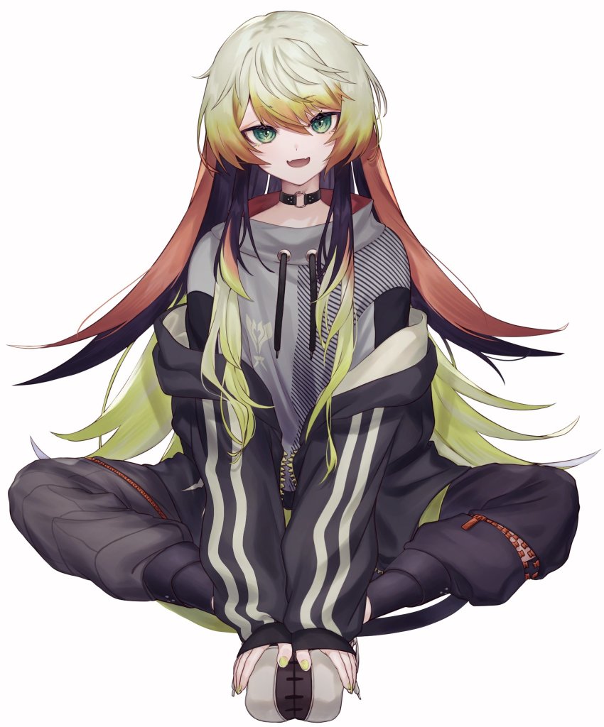 1other, black_choker, black_hair, black_jacket, black_pants, black_shoes, brown_hair, choker