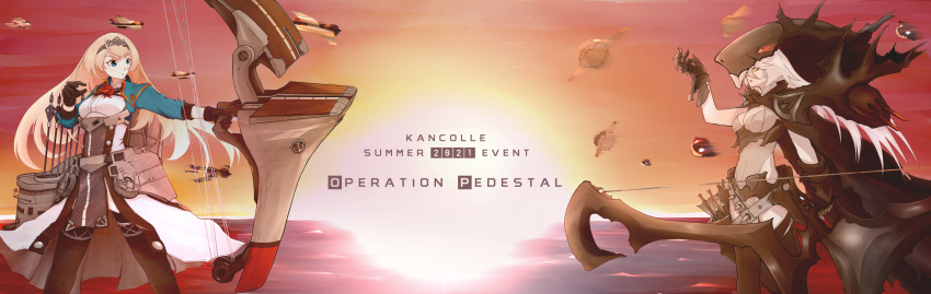 2girls, absurdres, abyssal_ship, aircraft, airplane, arrow_(projectile), bad_id, bad_pixiv_id