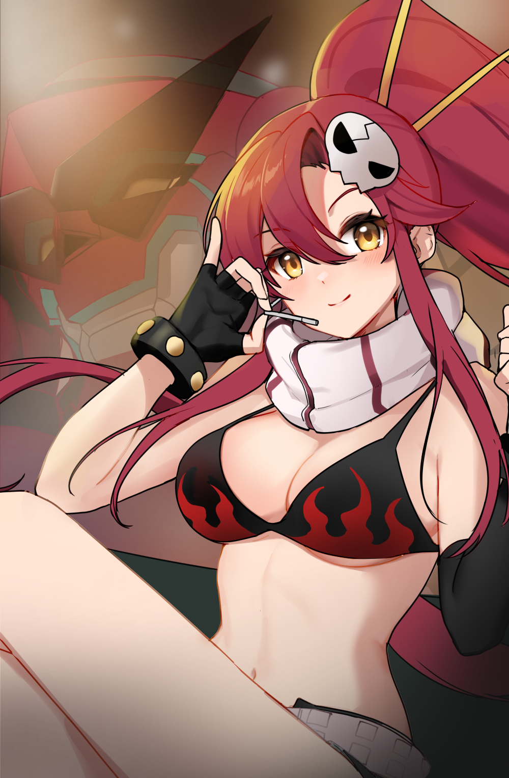 1girl, bare_shoulders, belt, bikini, bikini_top_only, black_bikini, black_gloves, crossed_legs, ebi_bento, fingerless_gloves, gloves, hair_ornament, hands_up, highres, long_hair, looking_at_viewer, navel, ponytail, red_hair, revealing_clothes, short_shorts, shorts, sitting, smile, solo, stomach, string_bikini, swimsuit, tengen_toppa_gurren_lagann, thighs, very_long_hair, yellow_eyes, yoko_littner