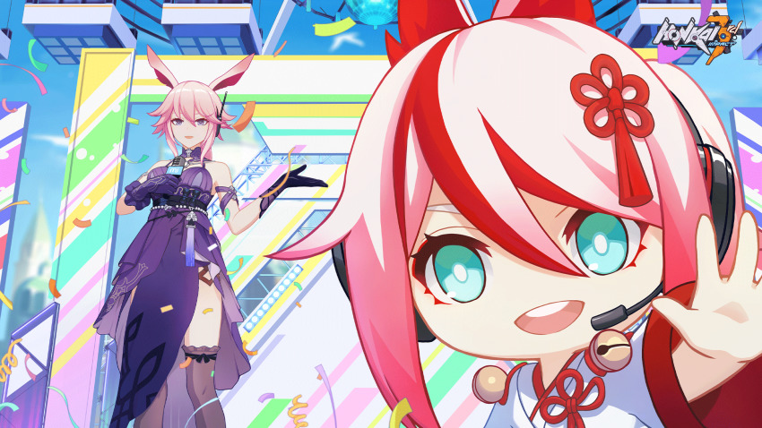 2girls, :d, animal_ears, bare_shoulders, concert, confetti, dress, fox_ears