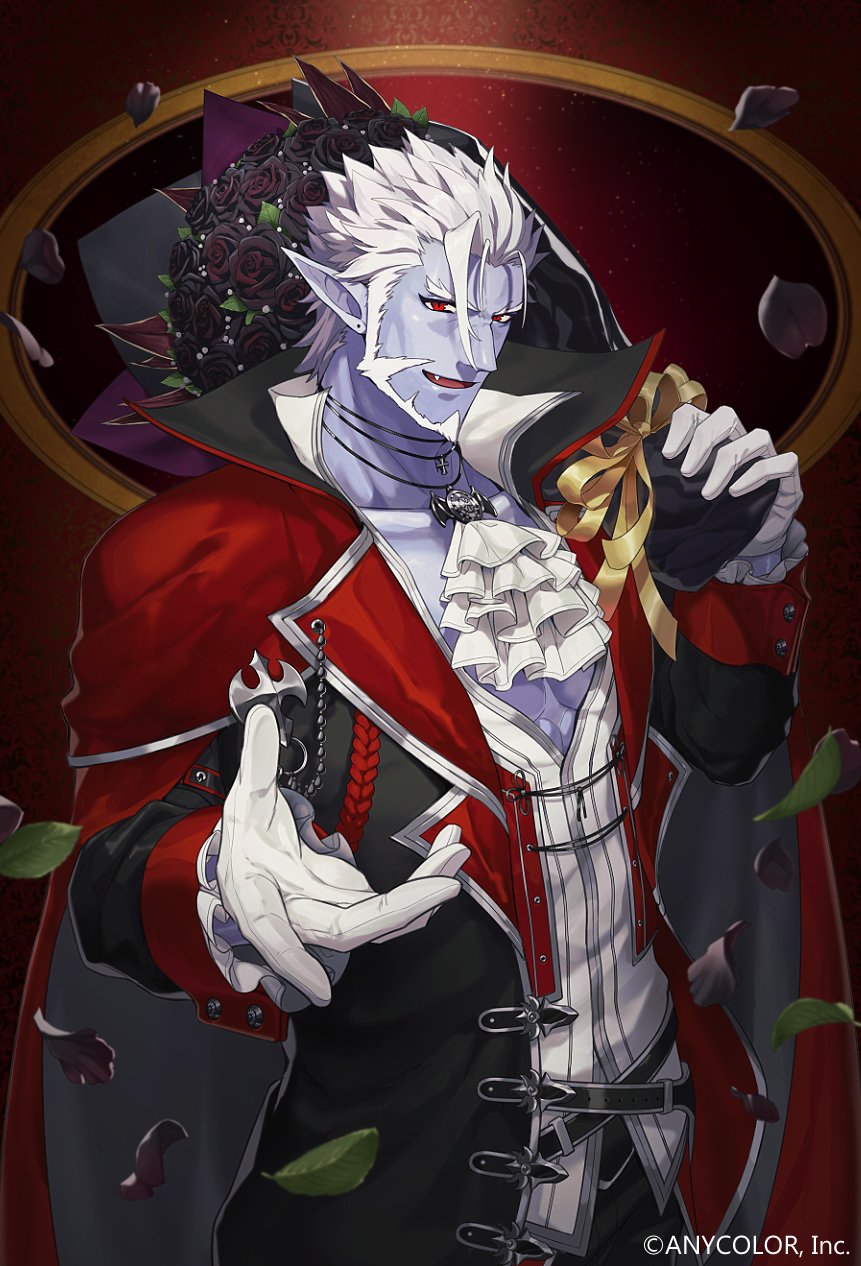 1boy, :d, beard, black_flower, black_jacket, black_pants, black_petals, black_rose